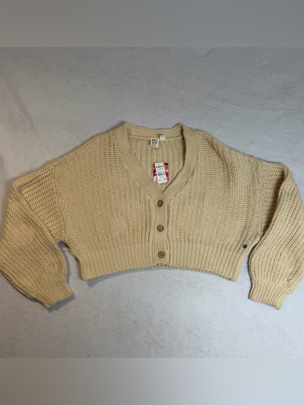 Roxy Sundaze Sweater Cropped Knit Cardigan Beige Medium